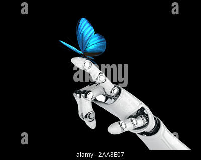 Robot mano cyborg e butterfly - 3D render Foto Stock