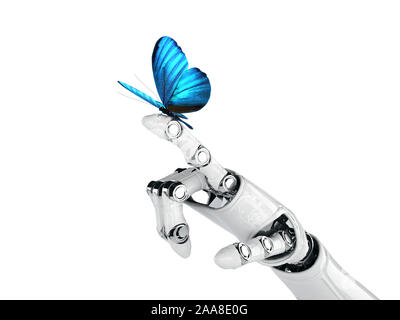 Robot mano cyborg e butterfly - 3D render Foto Stock