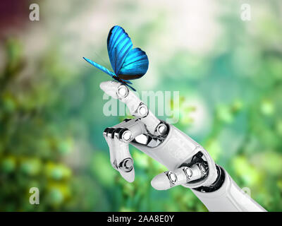 Robot mano cyborg e butterfly - 3D render Foto Stock