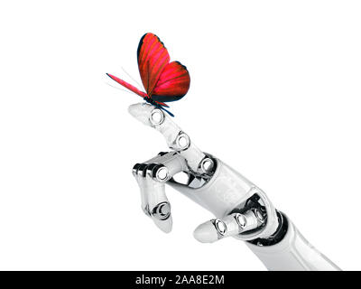 Robot mano cyborg e butterfly - 3D render Foto Stock