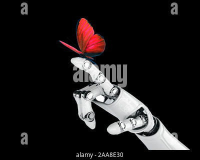 Robot mano cyborg e butterfly - 3D render Foto Stock