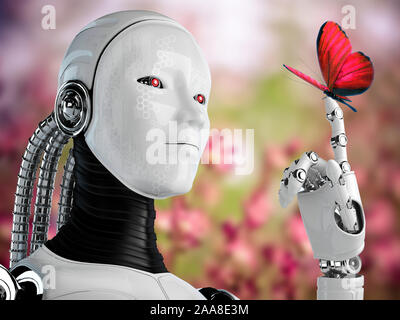 Robot androide donna e butterfly - 3D render Foto Stock