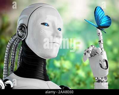 Robot androide donna e butterfly - 3D render Foto Stock