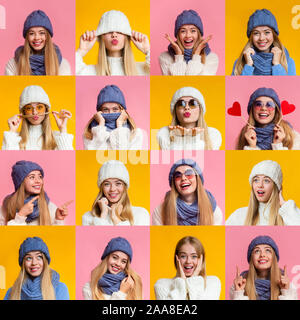 Collage di giovane donna invernale le espressioni e le emozioni Foto Stock