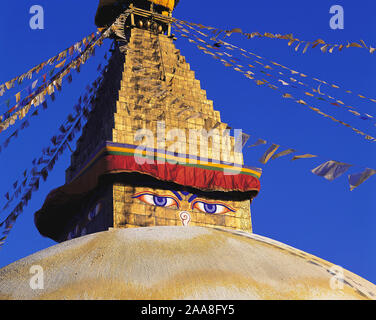 Il grande Stupa nel quartiere tibetano a Boddnath o Bauda nella valle Kathandu, Nepal Foto Stock