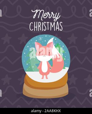 Merry Christmas celebration snowglobe con fox alberi neve illustrazione vettoriale Illustrazione Vettoriale