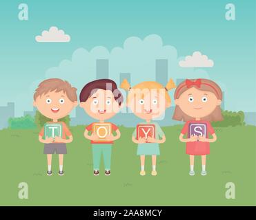Bambini i blocchi di trattenimento con alfabeto nel parco, giocattoli illustrazione vettoriale Illustrazione Vettoriale