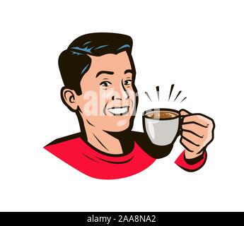 Uomo felice con una tazza di caffè in mano. Bevi in stile pop art. Illustrazione vettoriale Illustrazione Vettoriale