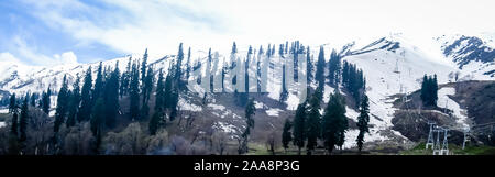 Deep coperto di neve montagna himalayana e bianco invernale paesaggio forestale vista. Ispiratore vista Panorama. Stagione di festa di Natale sfondo backgroun Foto Stock