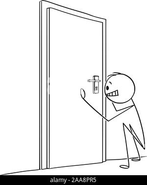 Vector cartoon stick figura disegno illustrazione concettuale dell'uomo o imprenditore guardando attraverso il buco della serratura della porta. Illustrazione Vettoriale