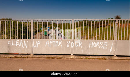 Bristol, Inghilterra, Regno Unito - 22 Maggio 2012: Graffiti sul Bristol e Bath percorso ferroviario proteste emissioni equestre. Foto Stock