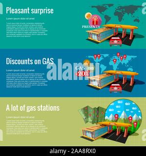 Stazione di gas di sconto, sorpresa e localizzazione la pianificazione delle attività di business redditizio idea. Tre concetto piatto fondo per voi attività di carburante Illustrazione Vettoriale
