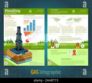 Due facciate brochure aziendale o un volantino, rig di gas o olio derrik sul paesaggio con le informazioni. Vettore moderno stile piatto modello di progettazione Illustrazione Vettoriale