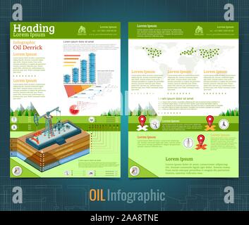 Due facciate brochure aziendali, rig di gas o olio derrik sul paesaggio con le informazioni. Vettore moderno stile piatto modello di progettazione Illustrazione Vettoriale