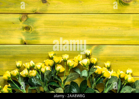 Rose giallo su legno. Fiori di confine, spazio di copia Foto Stock