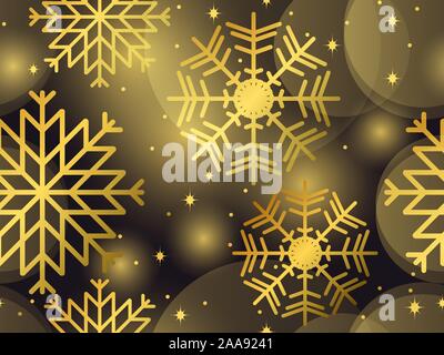 Natale seamless pattern con stelle dorate e fiocchi di neve su sfondo nero. Bokeh effetto. Prodotti promozionali, la carta di avvolgimento e la stampa. Vect Illustrazione Vettoriale