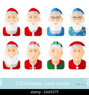 Set di Natale dei cartoni animati di santa, nana, gnome, guidata, mago, elfo, stargazer. Icone di utente in stile piatto isolato su bianco Illustrazione Vettoriale