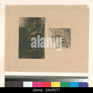 Titolo e date da L'Oeuvre de Ch. Jacque catalogo de ses eaux-fortes et pointes sèches / dressé par J.J. Guiffrey. Partecipazioni in controllate l'Oeuvre de Ch. Jacque catalogo de ses eaux-fortes et pointes sèches / dressés par J.J. Guiffrey. Fa parte delle incisioni e drypoints da Charles Jacque in Samuel Putnam Avery collezione. Porta di stampa il collettore il marchio di F. Masson (Lugt 1031). Citazione/Riferimento: G9[(II/II)] & G11; Charette Près d'une maison ; Enfants en prière. Foto Stock