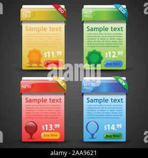 Set di tre banners colorati di vendita e pubblicità di prodotti Eco o Bio con Abstract elemento di progettazione di nastri di qualità a cinque stelle per il Web - modello Illustrazione Vettoriale