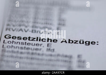 Illustrazione - 14 novembre 2019, Meclemburgo-Pomerania, Schwerin: Illustrazione - La voce trattenute obbligatorie è quello di essere visto su un libro paga l'esecuzione. Foto: Jens Büttner/dpa-Zentralbild/ZB Foto Stock