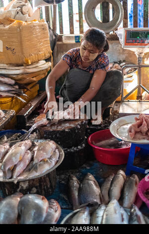 La vivace carne, pesce, frutta e verdura del mercato Pakokku, Myanmar (Birmania) con una giovane donna di pulizia & vendita di pesce fresco. Foto Stock