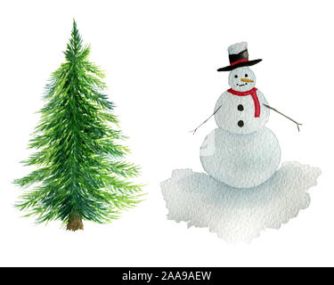 Albero di Natale e neve uomo isolato su bianco inverno acquerello gli elementi di design Foto Stock