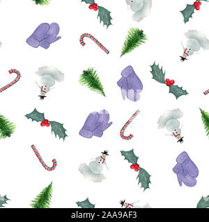Set di icone di Natale: pupazzo di neve, holly berry, albero di natale, candy cane e holly berry, seamless schema di ripetizione con natale acquerello des Foto Stock