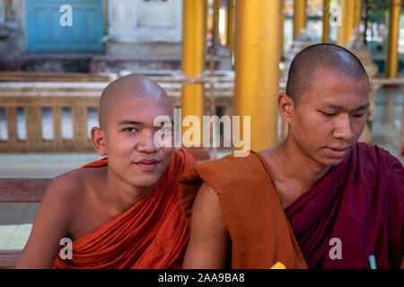 Due giovani monaci buddisti recitando preghiere in un monastero nel Myanmar (Birmania) durante un buddista giorno santo Foto Stock