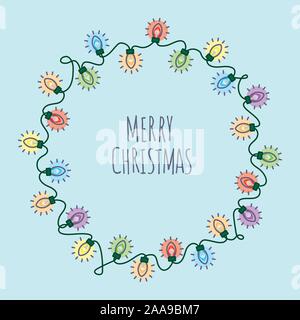 Auguri di Buon Natale quadrato illustrazione vettoriale rotonde con luci di Natale ghirlanda intorno al testo su fondo azzurro Illustrazione Vettoriale