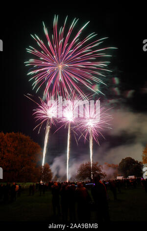 Fuochi d'artificio a Harlow Town Park Essex, ci sono persone nell'immagine, ma essi si stagliano e identificabili Foto Stock