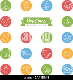 Raccolta di vacanze di Natale round le icone della linea. Festosa stagione invernale color vector set di simboli. Illustrazione Vettoriale