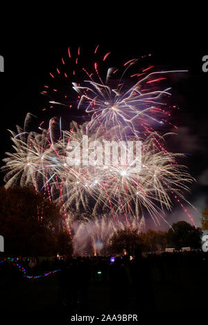 Fuochi d'artificio a Harlow Town Park Essex, ci sono persone nell'immagine, ma essi si stagliano e identificabili Foto Stock