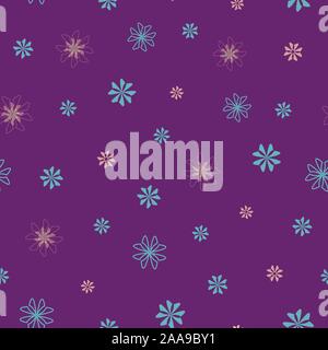 Seamless motivo floreale con rosa e azzurro fiori sparsi in ordine casuale su sfondo viola per il disegno di tessuto, vettore senza giunture Illustrazione Vettoriale