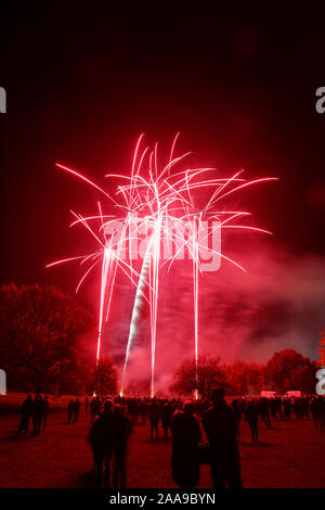 Fuochi d'artificio a Harlow Town Park Essex, ci sono persone nell'immagine, ma essi si stagliano e identificabili Foto Stock