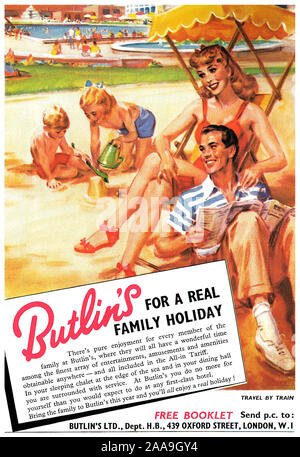 1952 British pubblicità per Butlin di campi di vacanza. Foto Stock