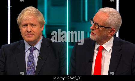 TV Broadcast Video Capture, Regno Unito. Xix Nov, 2019. Leader laburista Jeremy Corbyn e il Primo Ministro Boris Johnson dibattito dal vivo su ITV stasera come parte del 2019 la campagna elettorale. Data di presa: 20191119 - Credit: licenze Equinox Ltd./Alamy Live News Foto Stock