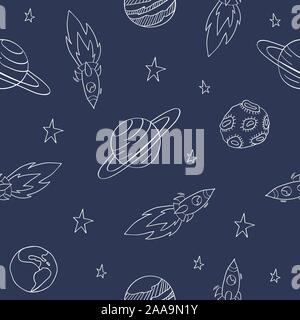 Disegnato a mano stampa dello spazio. Blu scuro modello senza cuciture con oggetti cosmico. Razzi, pianeti e stelle. Vecctor illustartion. Illustrazione Vettoriale