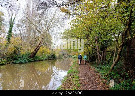 Il fiume Wey navigazione a Byfleet con due escursionisti sulla strada alzaia in un colorato autunno il giorno Surrey in Inghilterra REGNO UNITO Foto Stock