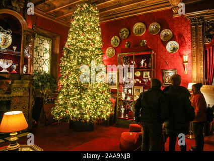 Aylesbury, Buckinghamshire UK 20 Novembre 2019 Waddesdon Manor Natale, Buckinghamshire le decorazioni per la casa hanno preso ispirazione dai canti tradizionali alle contemporanee canzoni di Natale. L'agrifoglio e l'Edera a Irving Berlin e una cascata di Natale in vinile hits. Con decorazioni di abbagliamento e scintillanti alberi.Paolo Quezada-Neiman/Alamy Live News Foto Stock