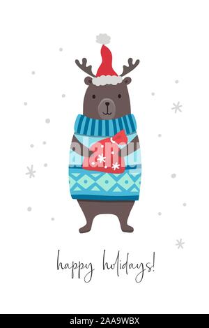 Simpatico orso di natale con le corna di cervo . Illustrazione Vettoriale Illustrazione Vettoriale