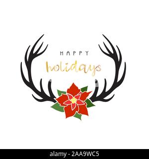 La renna corna con poinsetia fiore e felice vacanza scritte . Vettore Illustrazione Vettoriale