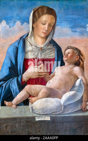 La Vergine con il Bambino addormentato su un parapetto di Giovanni Bellini (c.1435-1516), tempera su pannello di legno di pioppo, c.1470-75 Foto Stock