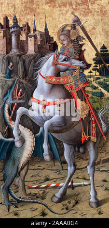 San Giorgio che uccide il drago di Carlo Crivelli (c.1430-1435 - c.1495), oro, argento e tempera su pannello, 1470 Foto Stock