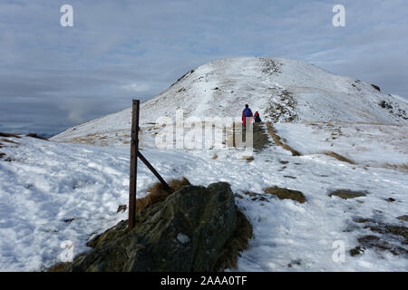 Hillwalkers vicino al vertice di Ben Ledi, vicino a Callander, Stirlingshire, Scozia. Un modo marcatore indica il percorso per il vertice. Foto Stock