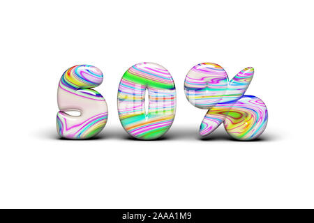 Caramelle multi-colore di sconto 50% parola. Su un bianco isolare lo sfondo. 3D Render. Foto Stock