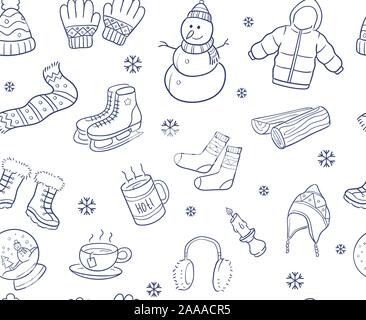 Doodle disegnati a mano di elementi d'inverno e gli oggetti pattern senza giunture isolate su sfondo bianco. Illustrazione Vettoriale