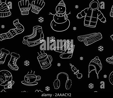 Bianco e nero doodle inverno elementi e oggetti di configurazione senza giunture Illustrazione Vettoriale