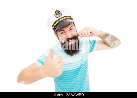 Orgoglioso dei suoi baffi. Happy sailor volteggiano i baffi. Uomo Barbuto con i baffi dare Thumbs up. Favoloso baffi maschile stile. Spirito di avventura. Foto Stock