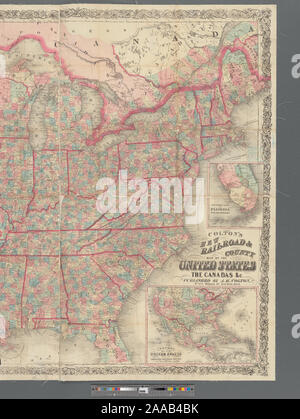 Sollievo mostrato da hachures. Per il Canada, copre Southern Ontario, Quebec meridionale, e Western New Brunswick. Primo meridiani: Washington e Greenwich. Inserie: Parte meridionale della Florida -- Colton la mappa degli Stati Uniti che mostra la proposta di percorsi ferroviari per l'Oceano Pacifico. La mappatura della nazione (borsa di NEH, 2015-2018); Colton della nuova ferrovia & county mappa degli Stati Uniti, la Canadas &c. Foto Stock