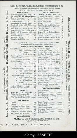 PRICED MENU; Daily Specials; trasporto direzioni; elenco dei teatri e programmi nel settore; BOXED CANDY e sigari disponibili; le direzioni per le toilettes; menu del giorno [detenute da] COLUMBIA LATTERIA CUCINA; [a] 48 EAST 14TH STREET, UNION SQUARE, NY (RESTO;) Foto Stock